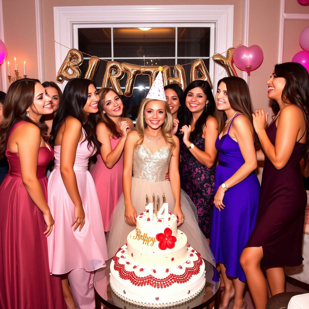 Birthday girl surrounded by friends, all in elegant dresses and having fun