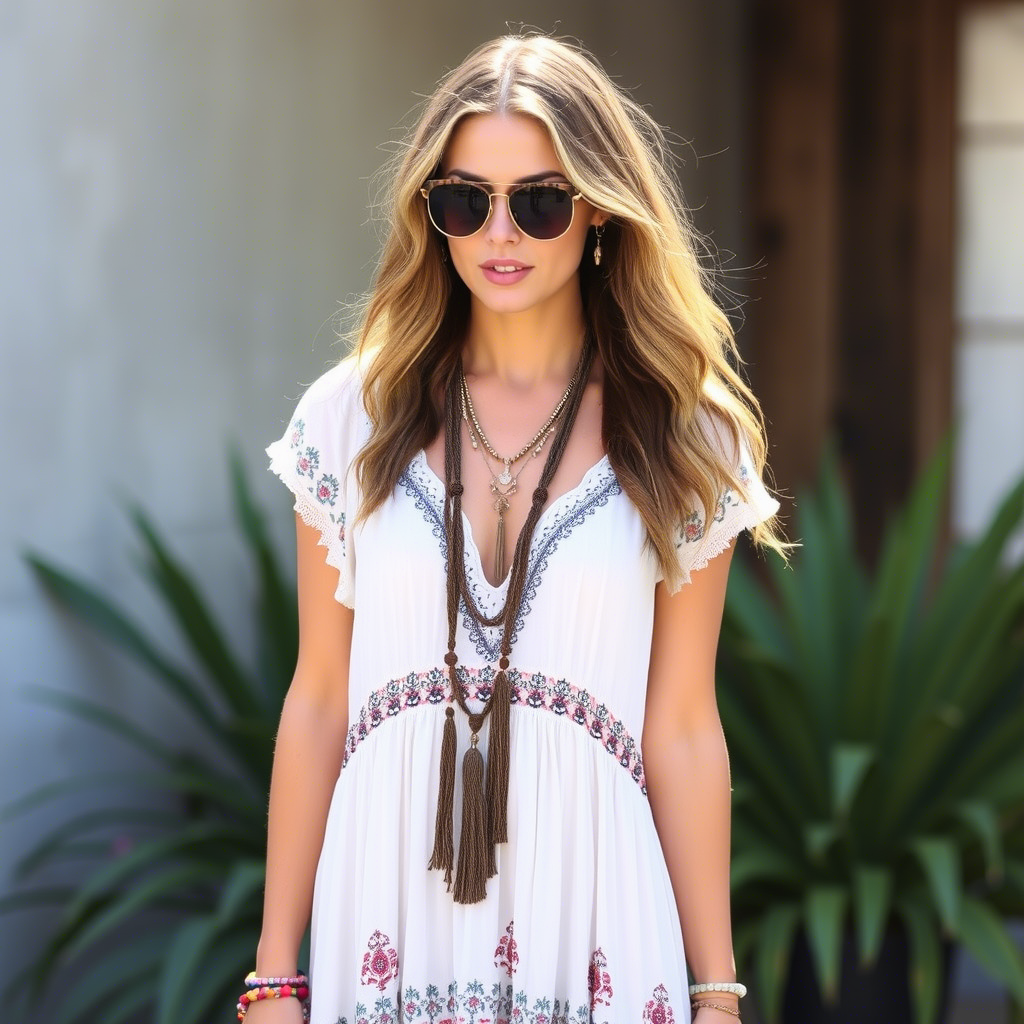 Boho chic maxi dress with layered necklace and sunglasses