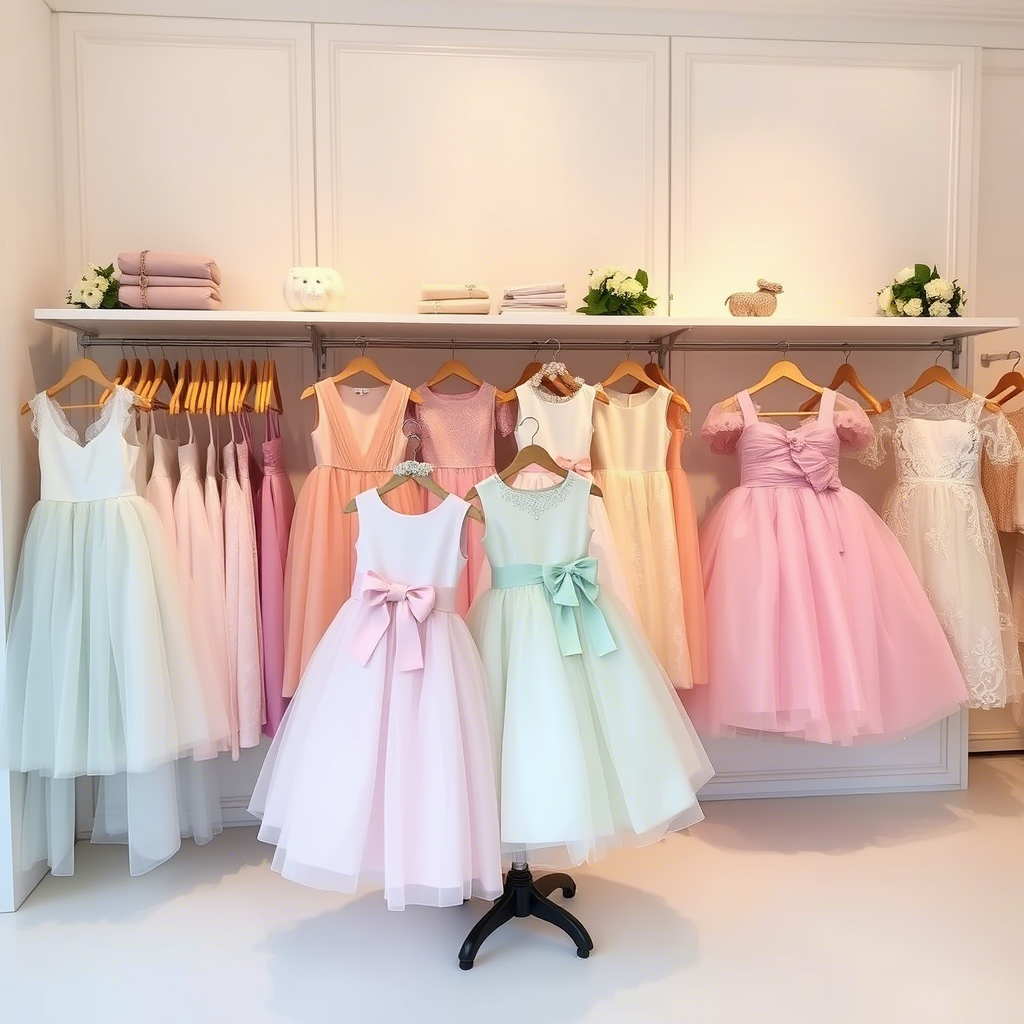 Boutique display of elegant kids dresses and skirts with soft pastel colors