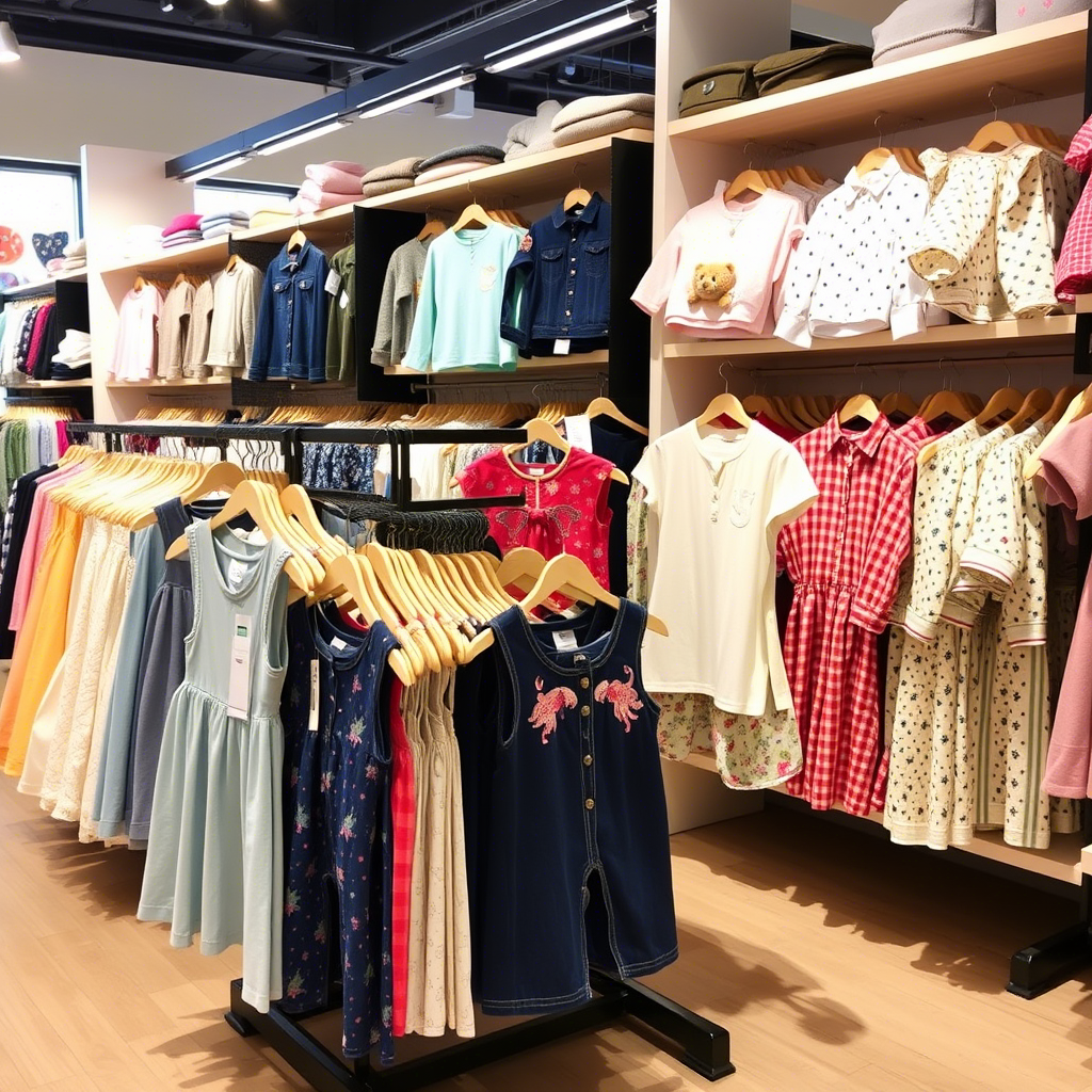 Boutique store display of assorted kids’ clothing for sale