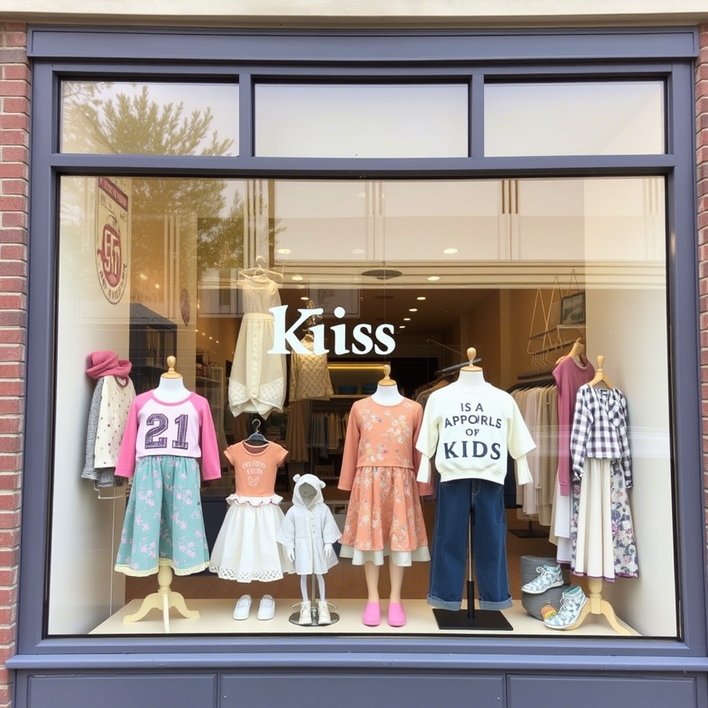 Boutique storefront showcasing adorable kids’ apparel in the window.