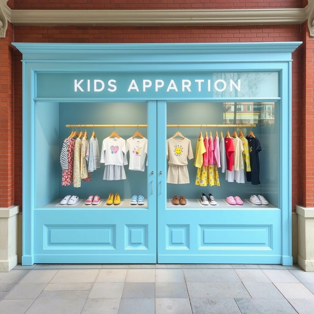 Boutique storefront showcasing kids’ apparel collection