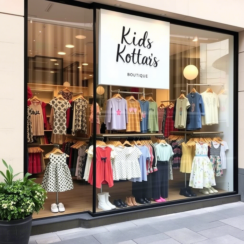 Boutique storefront with a variety of kids clothing on display