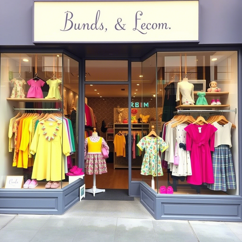 Boutique storefront with colorful children’s apparel on display