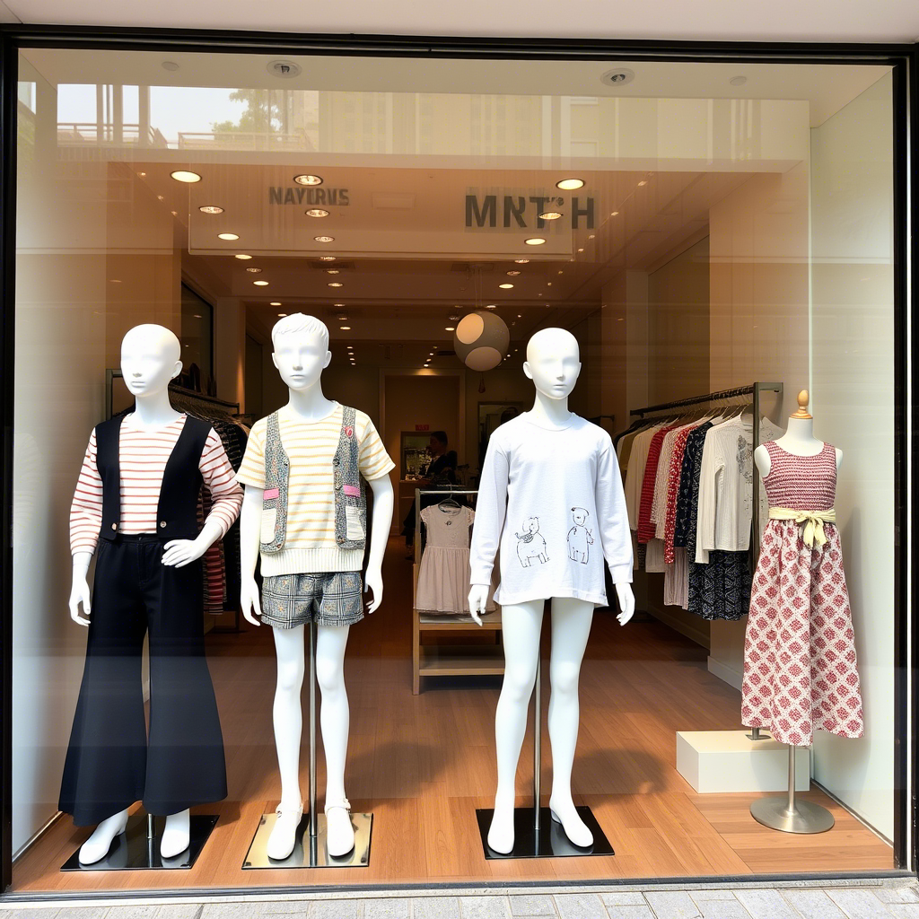 Boutique storefront with mannequins wearing trendy children’s outfits