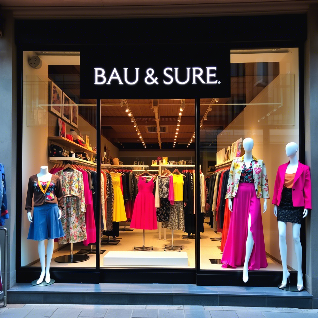 Boutique storefront with vibrant clothing displays and stylish mannequins