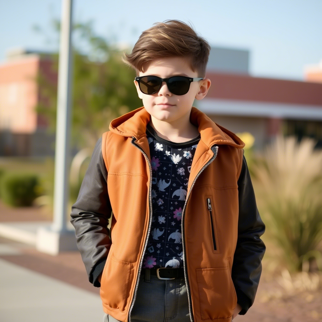 Boy dressed in modern boy clothing set posing outdoors