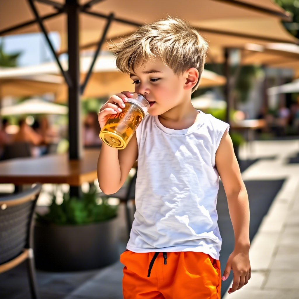 Boy dressed in orange shorts and a sleeveless white T-shirt, enjoying a cold drink under a shaded area