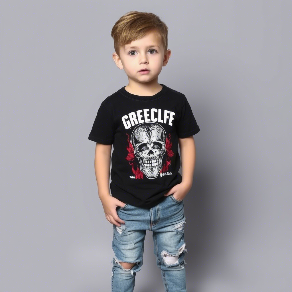Boy in a graphic t-shirt and distressed jeans outfit