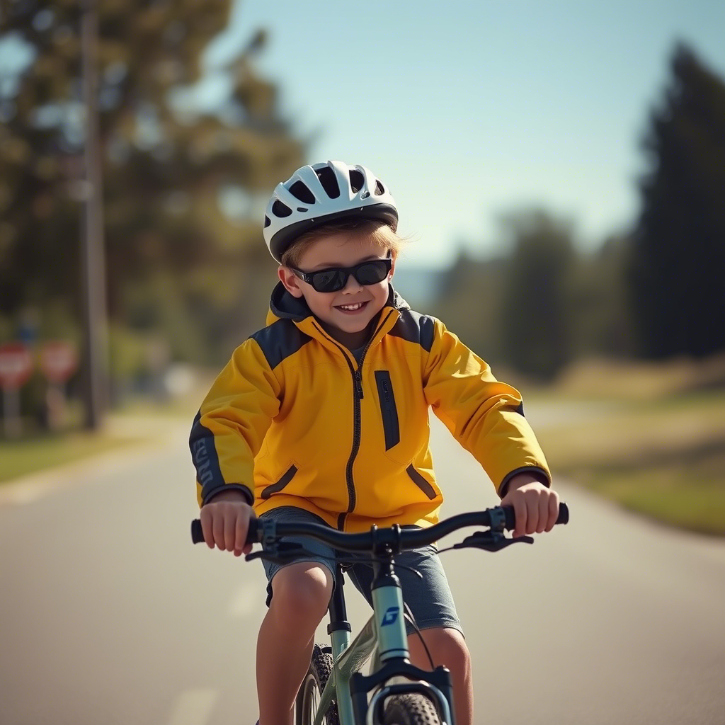 Boy in a stylish sun protection jacket riding a bicycle under the sunshine
