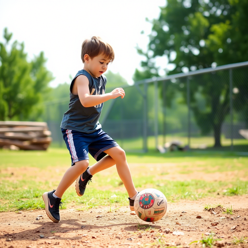 Boy in athletic shorts and a sleeveless shirt playing outside