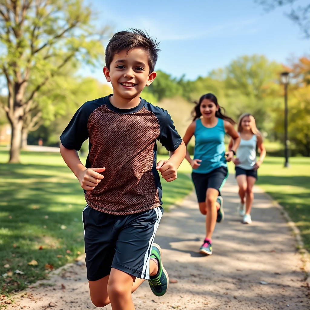 Boy in athletic shorts running in a park with friends