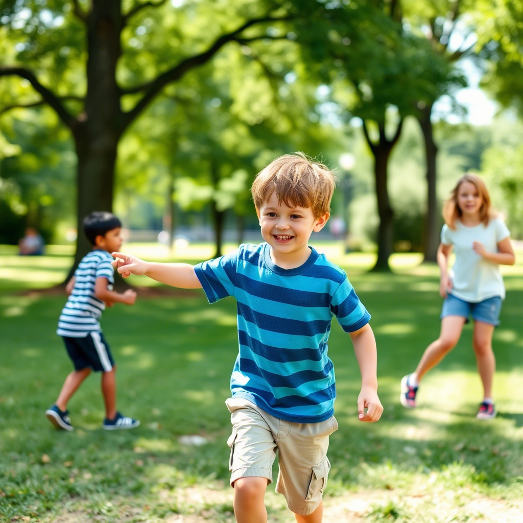 Boy in blue striped T-shirt and beige shorts, playing with friends in park