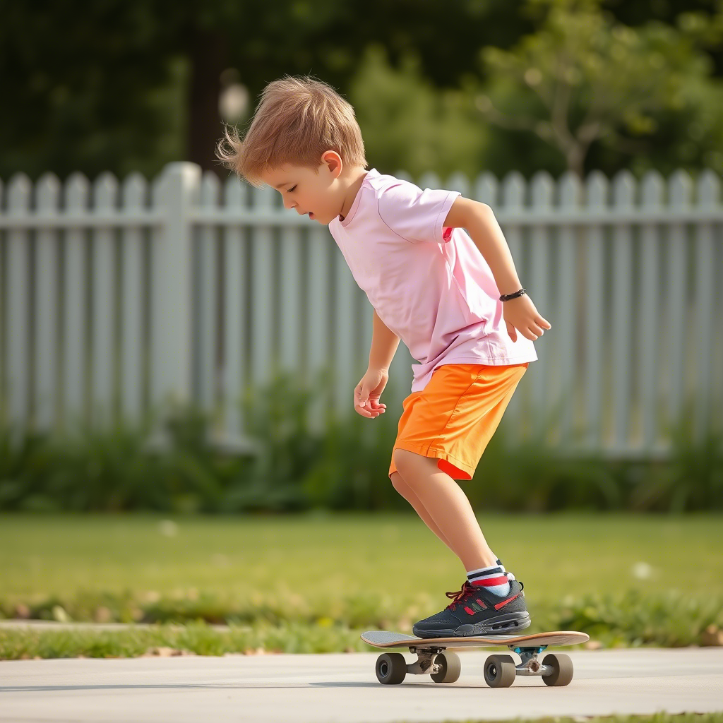 Boy in bright orange shorts and a pastel pink T-shirt riding a skateboard