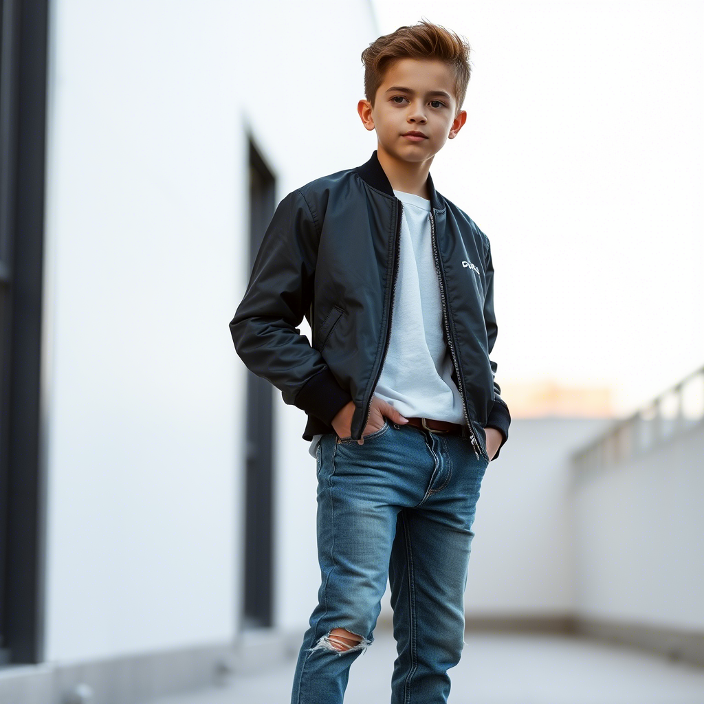 Boy in casual wear, jeans and bomber jacket, standing confidently