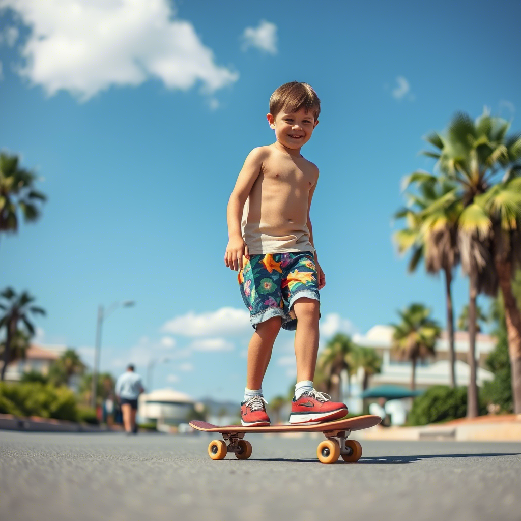 Boy in colorful shorts riding a skateboard on sunny day