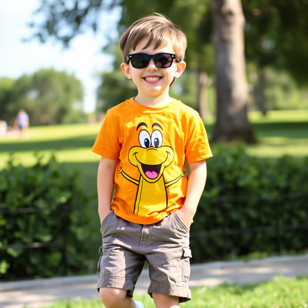 Boy in comfortable cotton shorts and a vibrant cartoon character T-shirt, enjoying a park outing