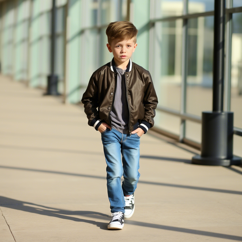 Boy in comfortable jeans and stylish bomber jacket walking