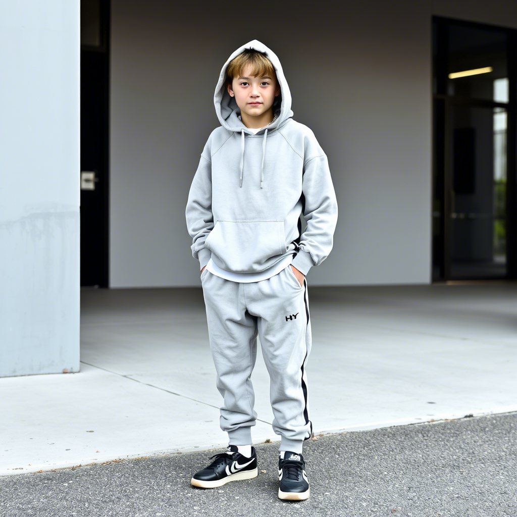 Boy in comfortable streetwear separates with hoodie and joggers