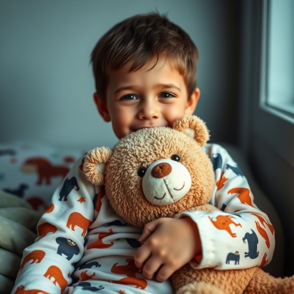 Boy in cozy animal themed pajamas snuggled up with a teddy bear