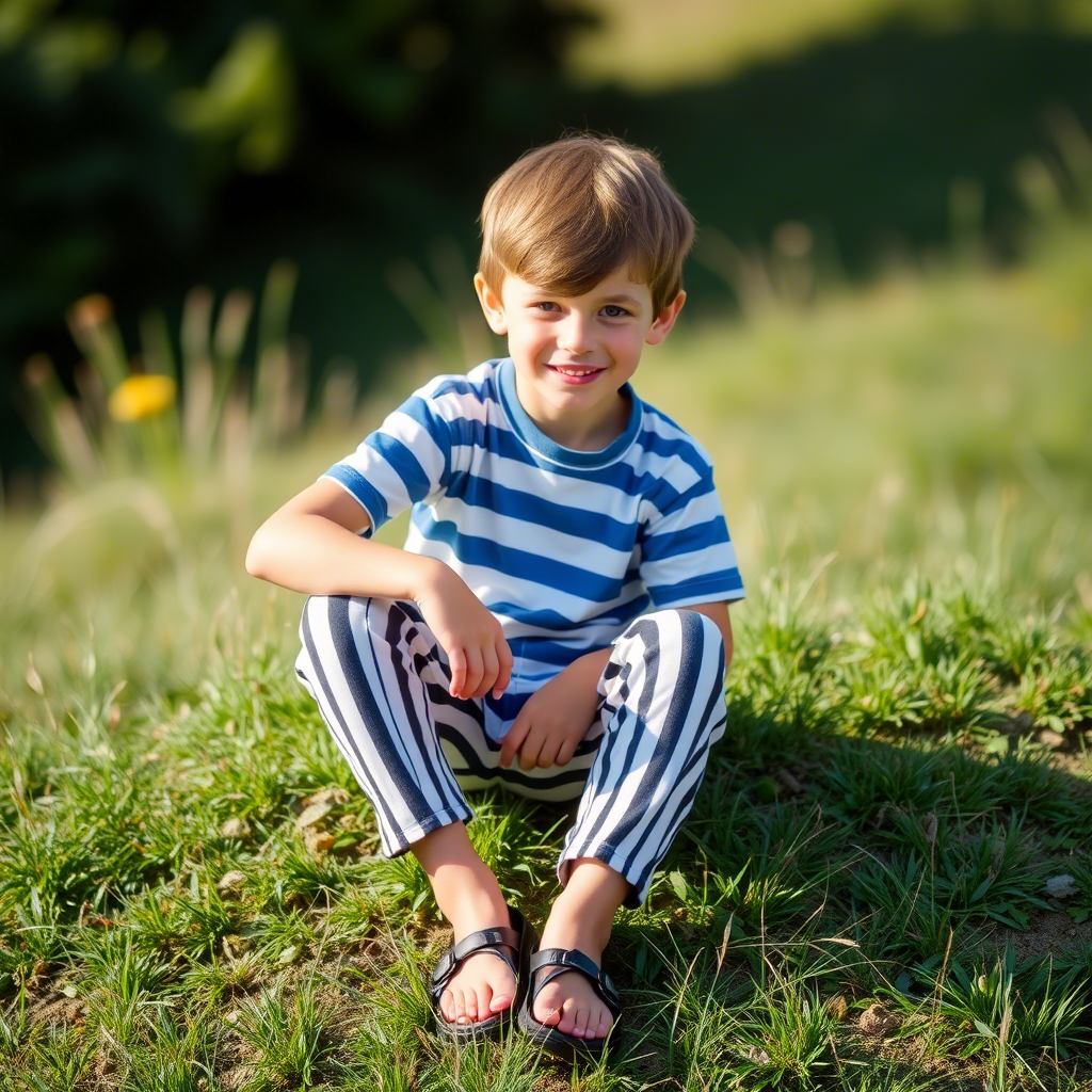 Boy in striped pants, sitting on a summer grassy hill