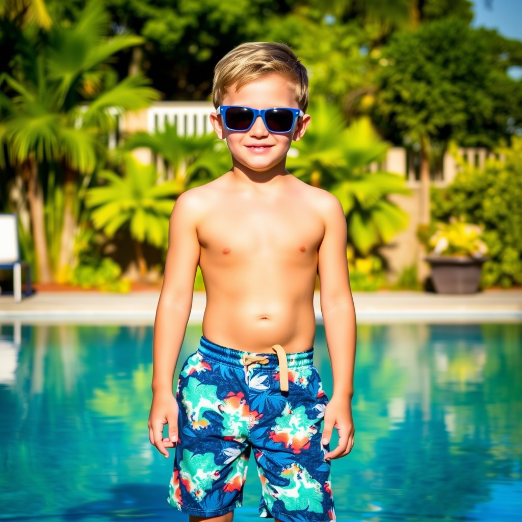 Boy in sunglasses posing in front of pool with colorful shorts