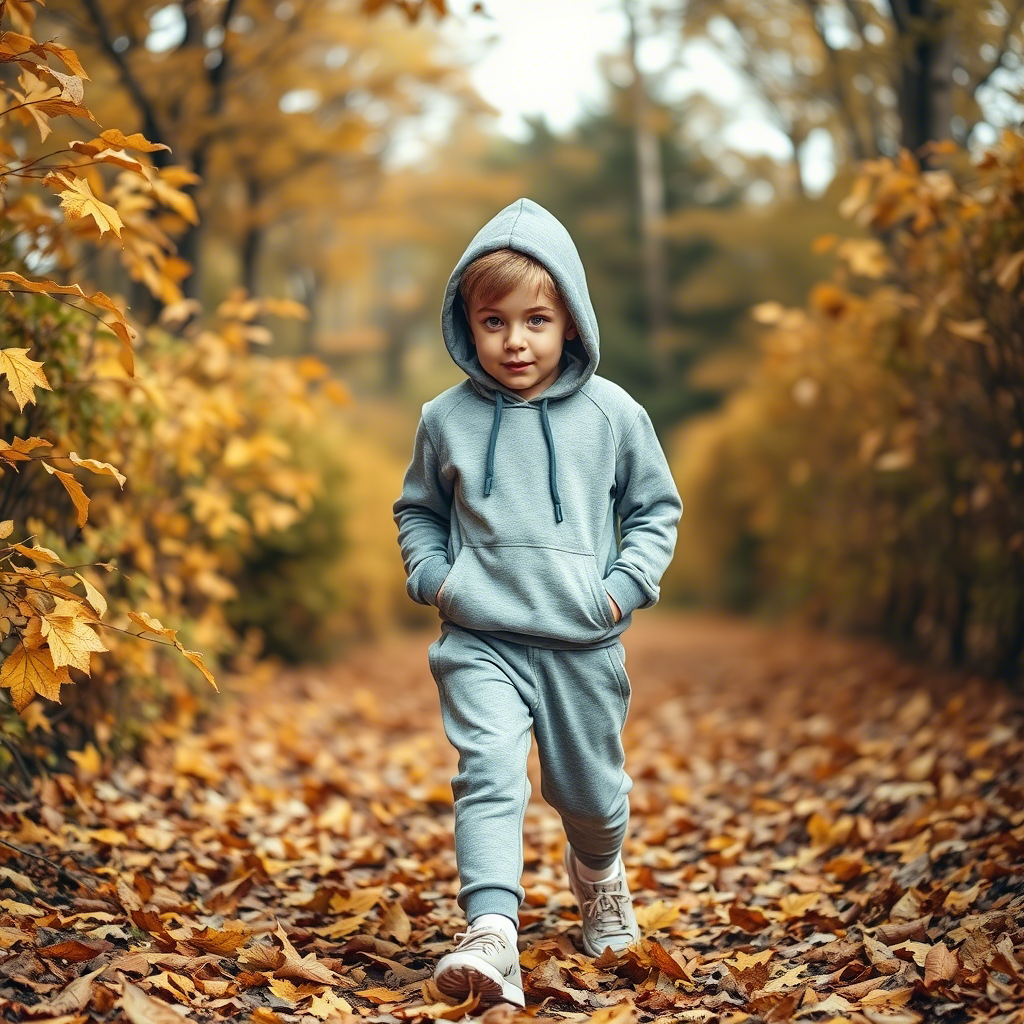 Boy in trendy hoodie and sweatpants walking in autumn leaves