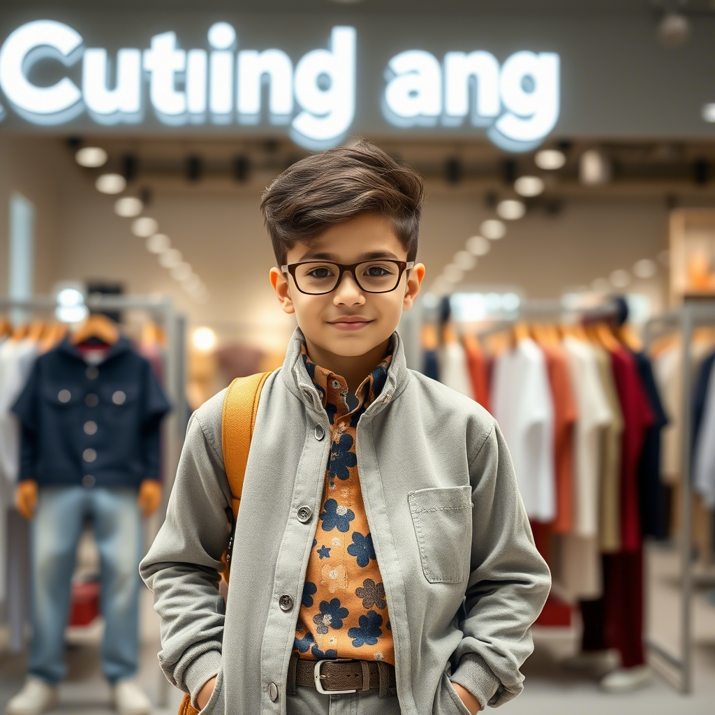 Boy in trendy outfit standing in front of a clothing factory