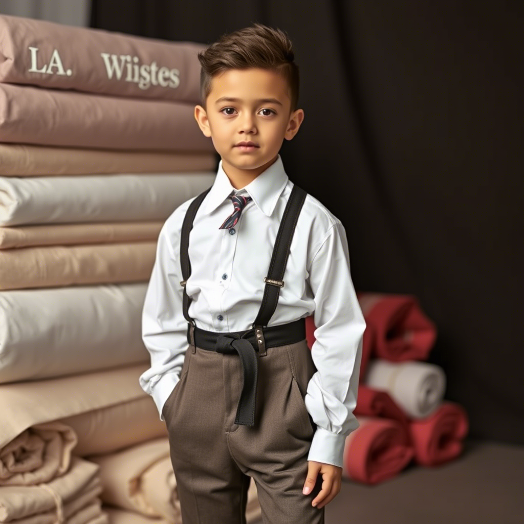 Boy modeling a stylish outfit, with rolls of fabric in the background