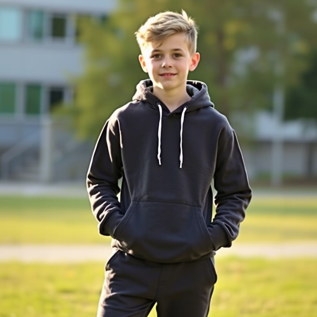 Boy modeling comfortable hoodie and sweatpants outdoors with a casual background