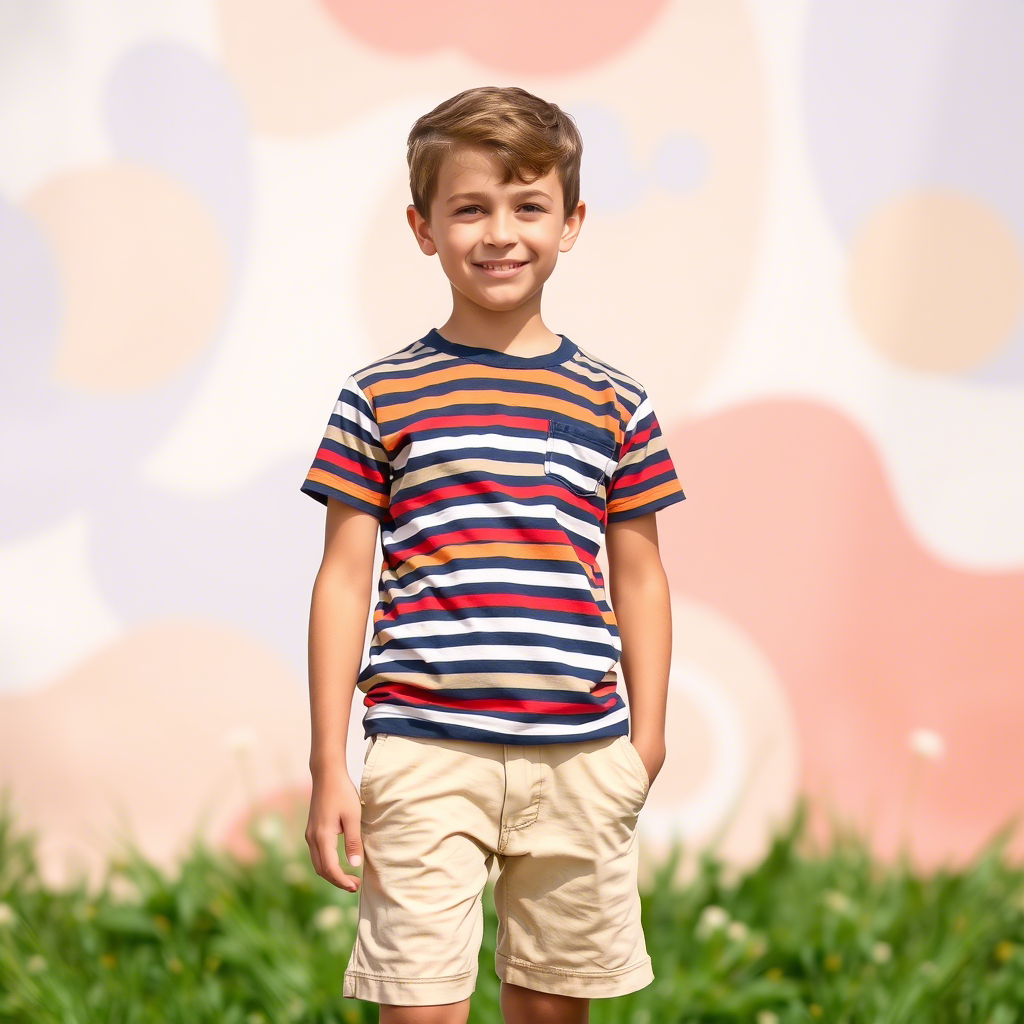 Boy modeling striped T-shirt and beige shorts, standing in front of a summer background