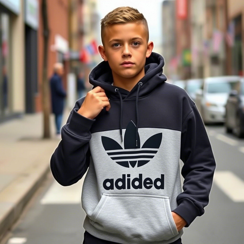 Boy modeling stylish hoodies with bold graphics and logos on street