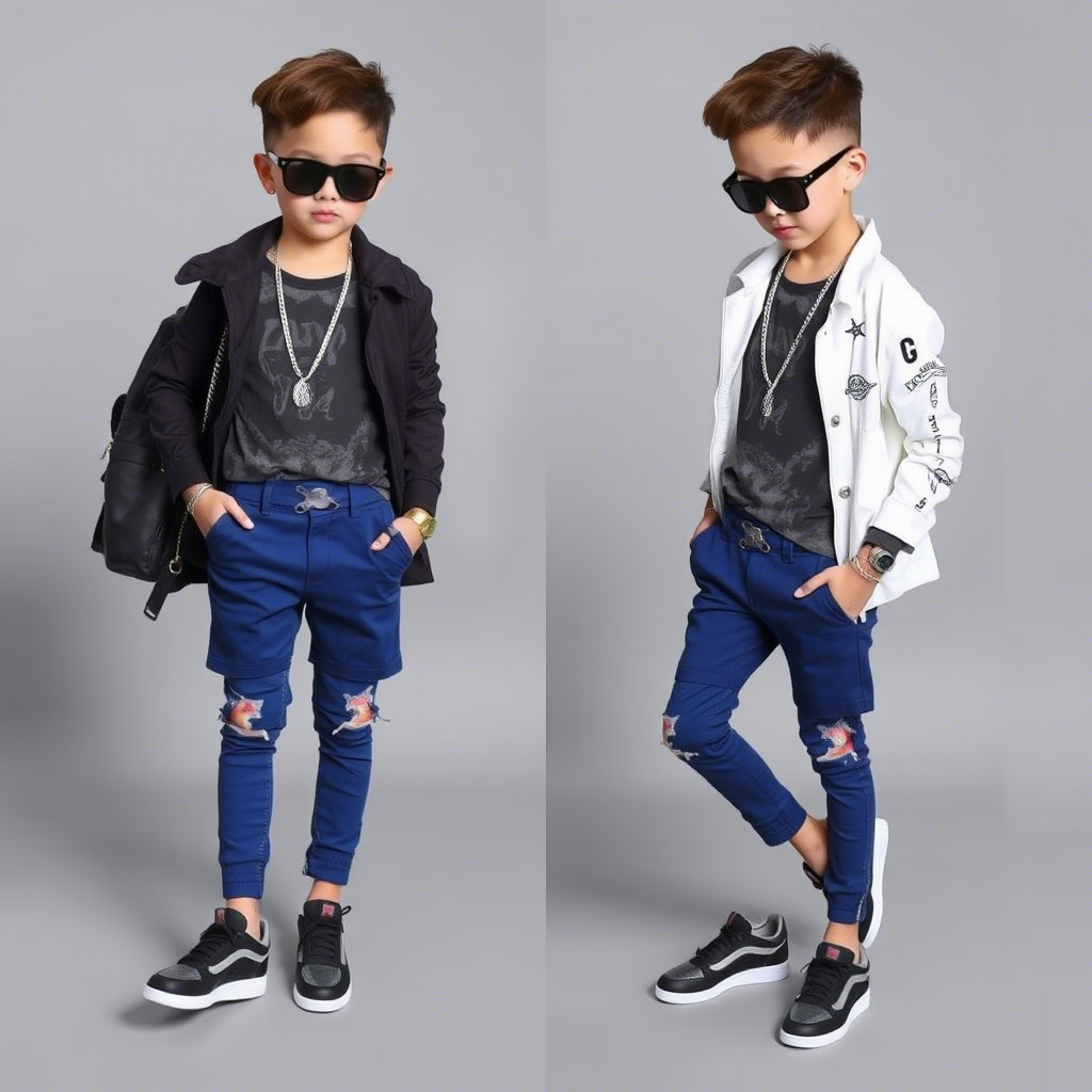 Boy modeling stylish outfit with sneakers and accessories
