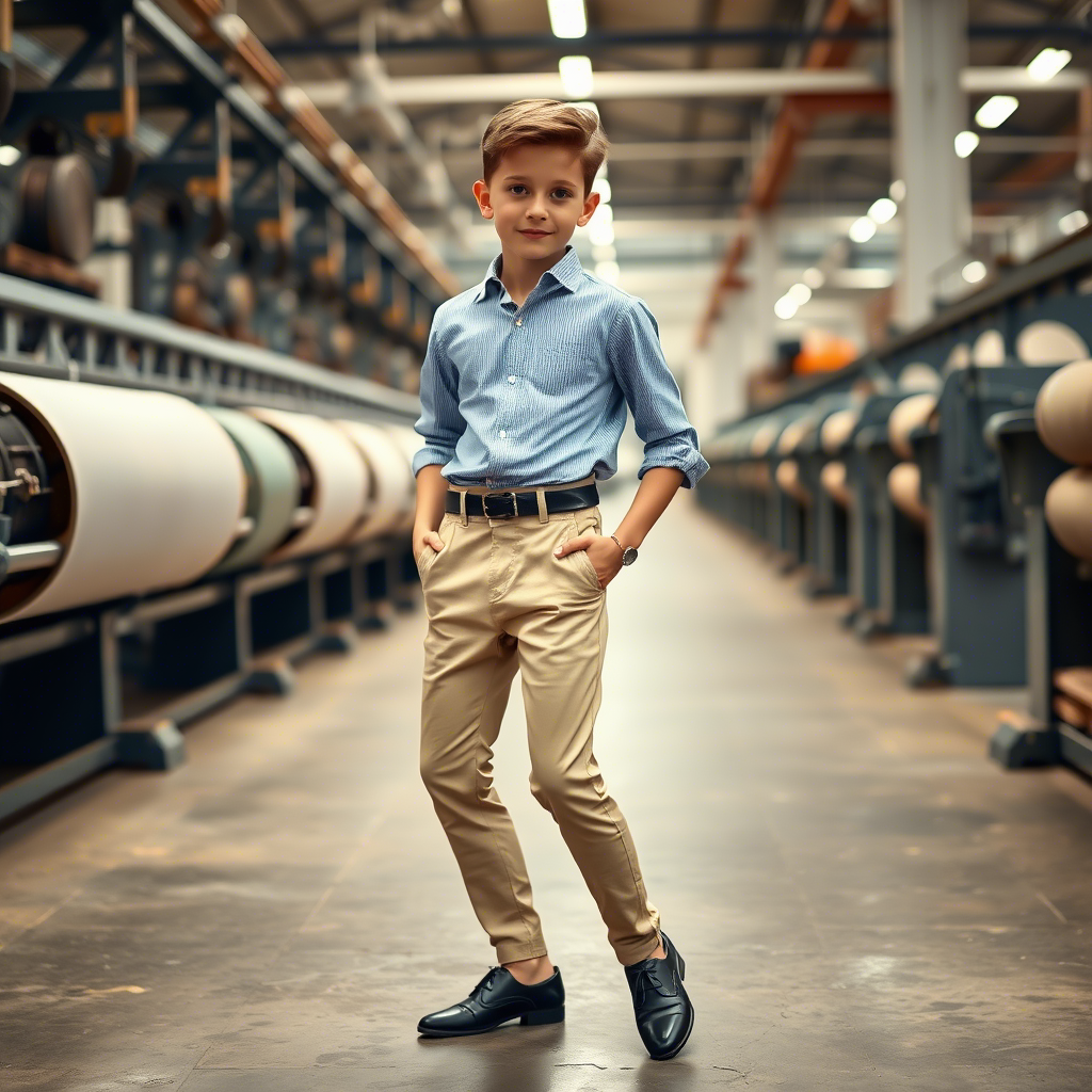 Boy modeling stylish pants with a confident pose in a textile mill