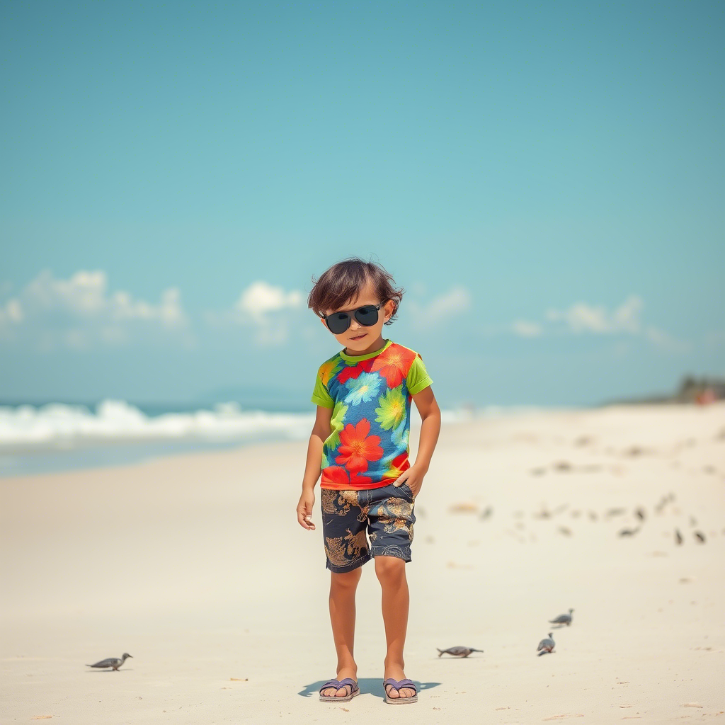 Boy modeling trendy summer shorts and a vibrant T-shirt in a beach setting