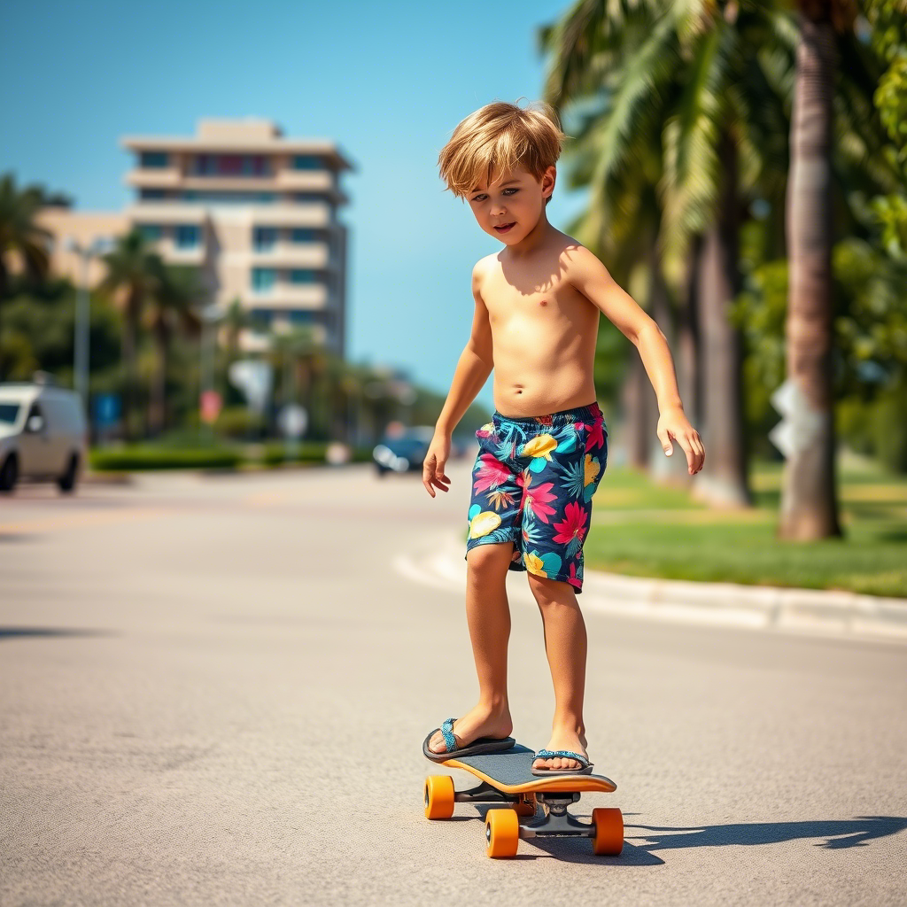 Boy riding a skateboard wearing vibrant board shorts on a sunny day