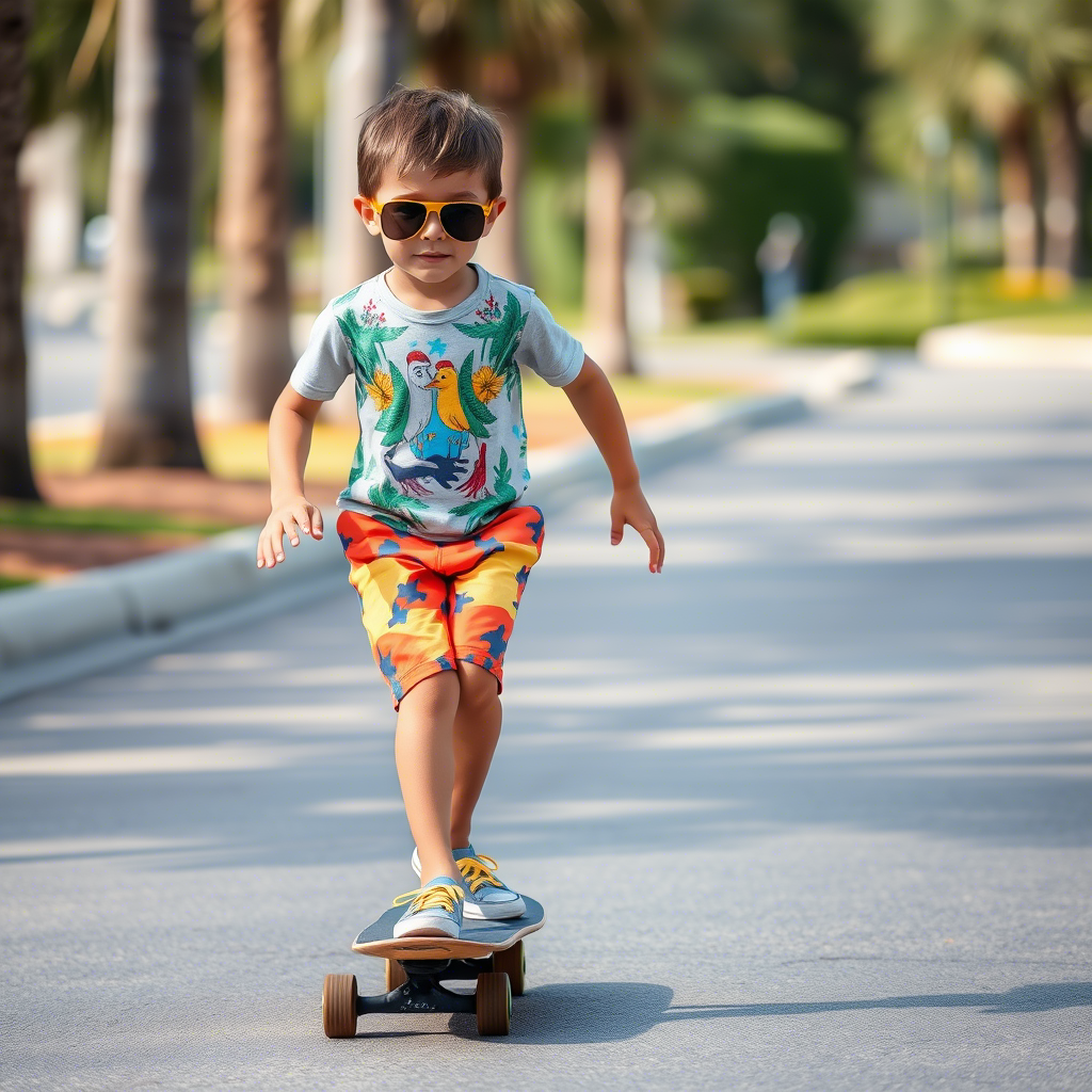 Boy riding a skateboard wearing vibrant summer shorts and sunglasses