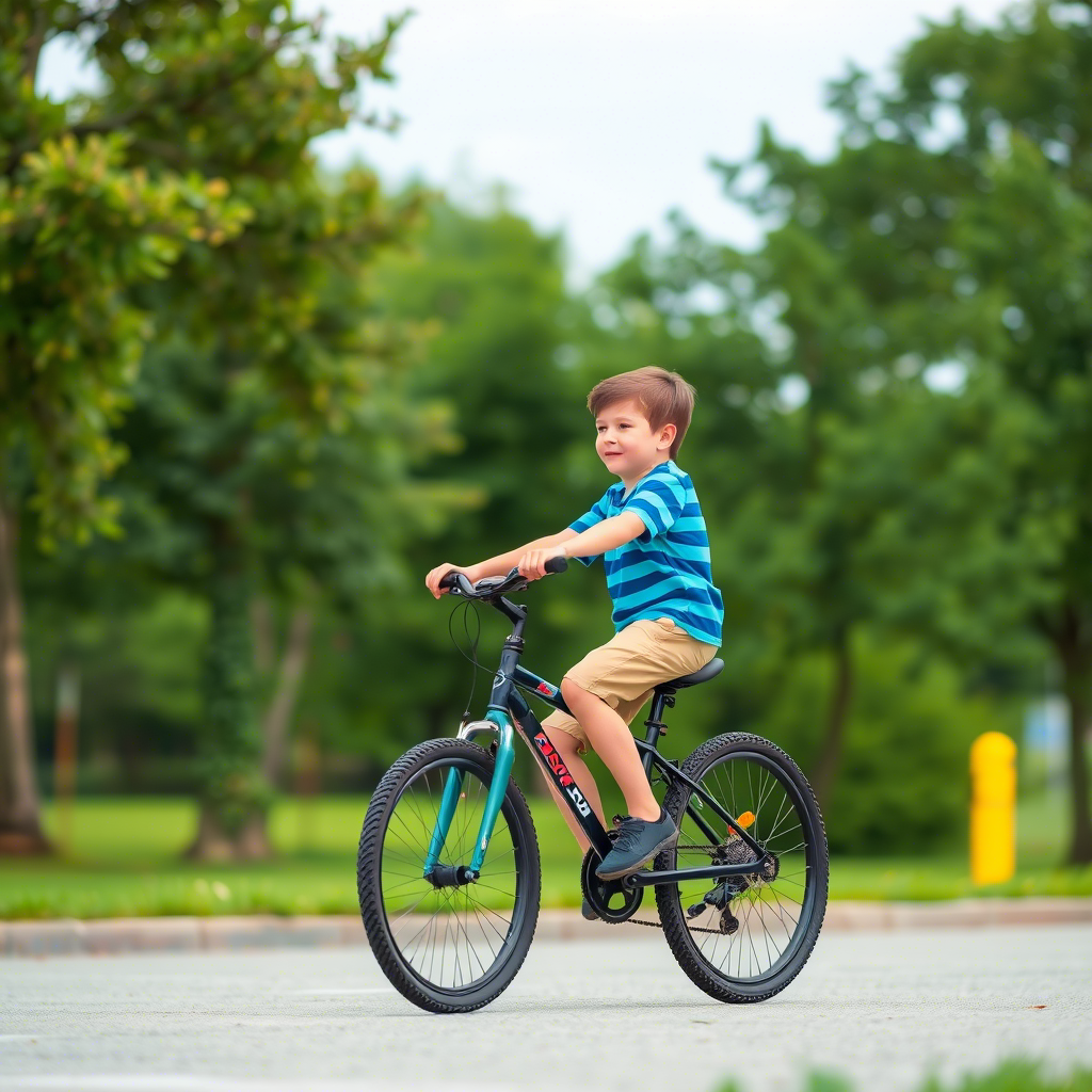 Boy riding bicycle with blue striped t-shirt and khaki shorts in a park