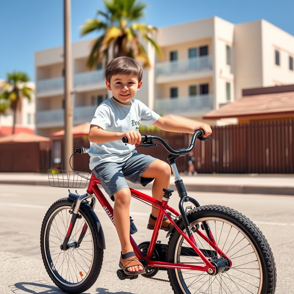 Boy riding bike on sunny day with casual shorts and t-shirt