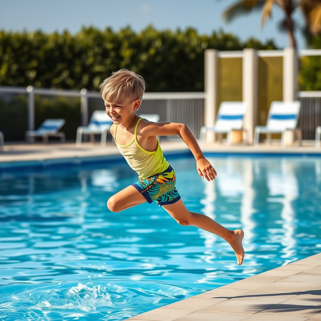 Boy wearing brightly colored swimwear, running by the pool
