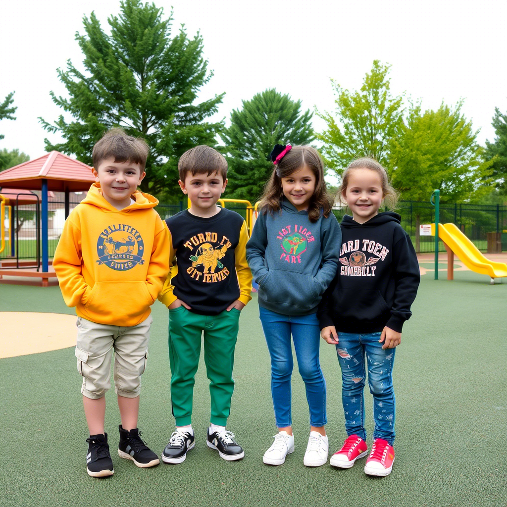 Boys and girls wearing casual clothes in a playground