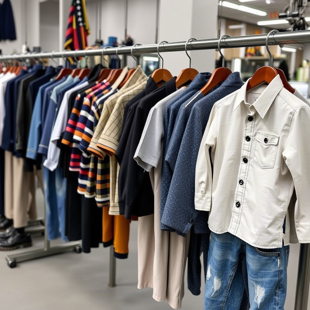 Boys’ clothing production line with various styles on display