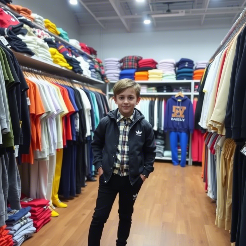 Boys’ clothing wholesale warehouse with various outfits on display