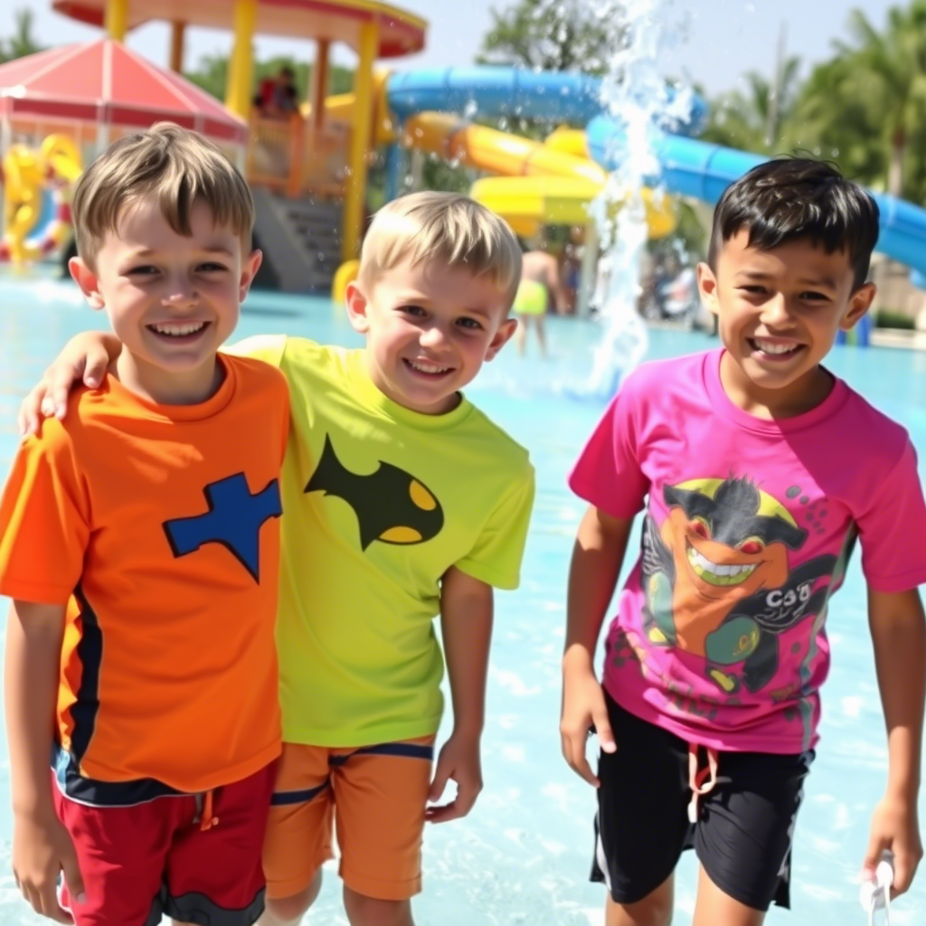Boys enjoying water park in vibrant T-shirts and swim shorts