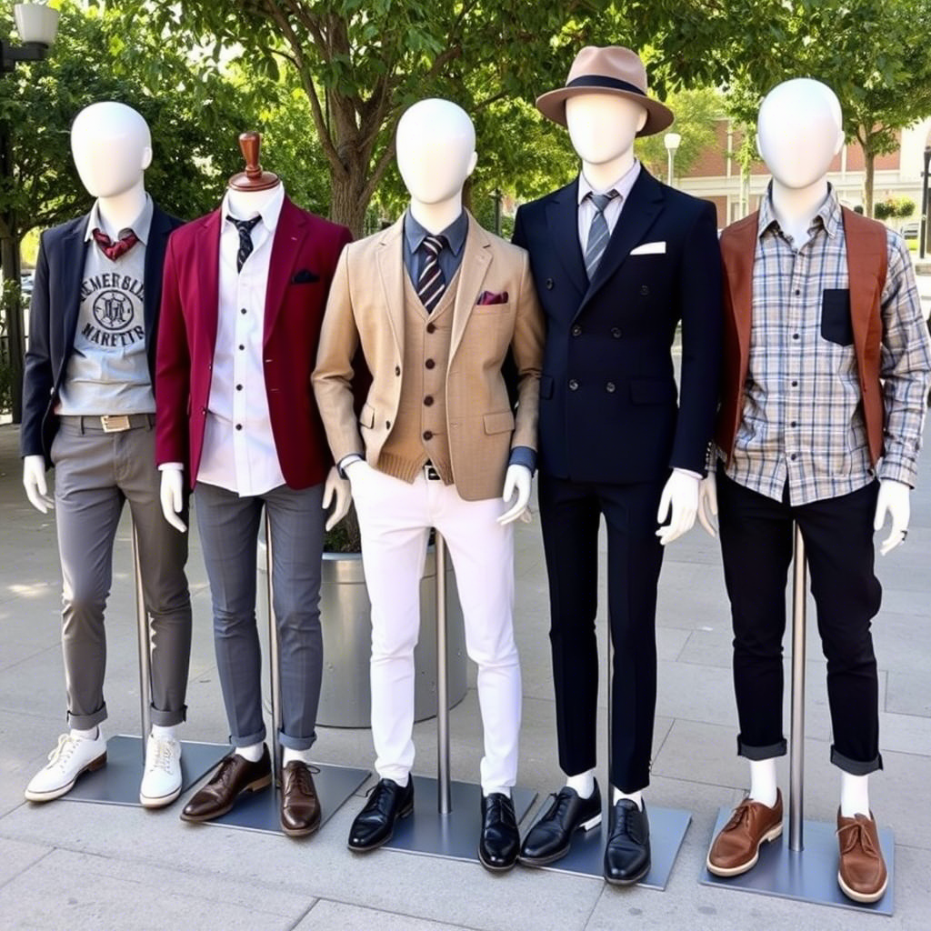 Boys fashion clothing sets arranged on mannequins outdoors
