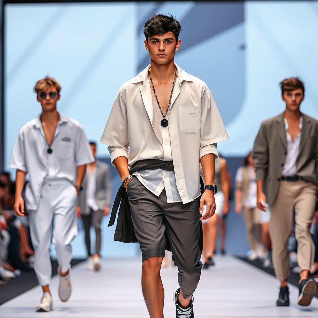 Boys fashion models showcasing latest clothing sets on a catwalk or runway