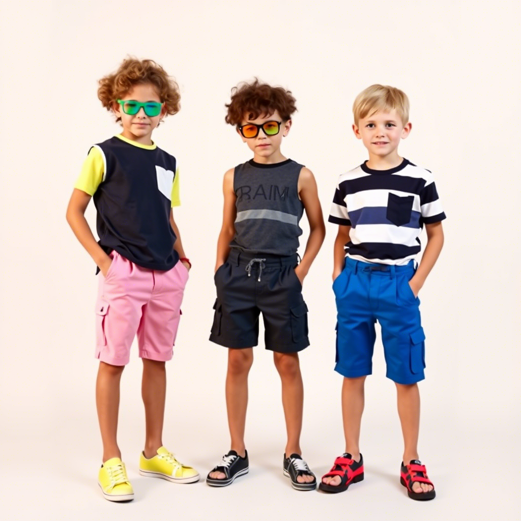 Boys fashion summer clothing, brightly colored shorts and pants on kids models