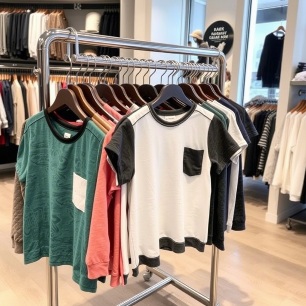 Boys’ fashion tops displayed on a rack in a clothing store