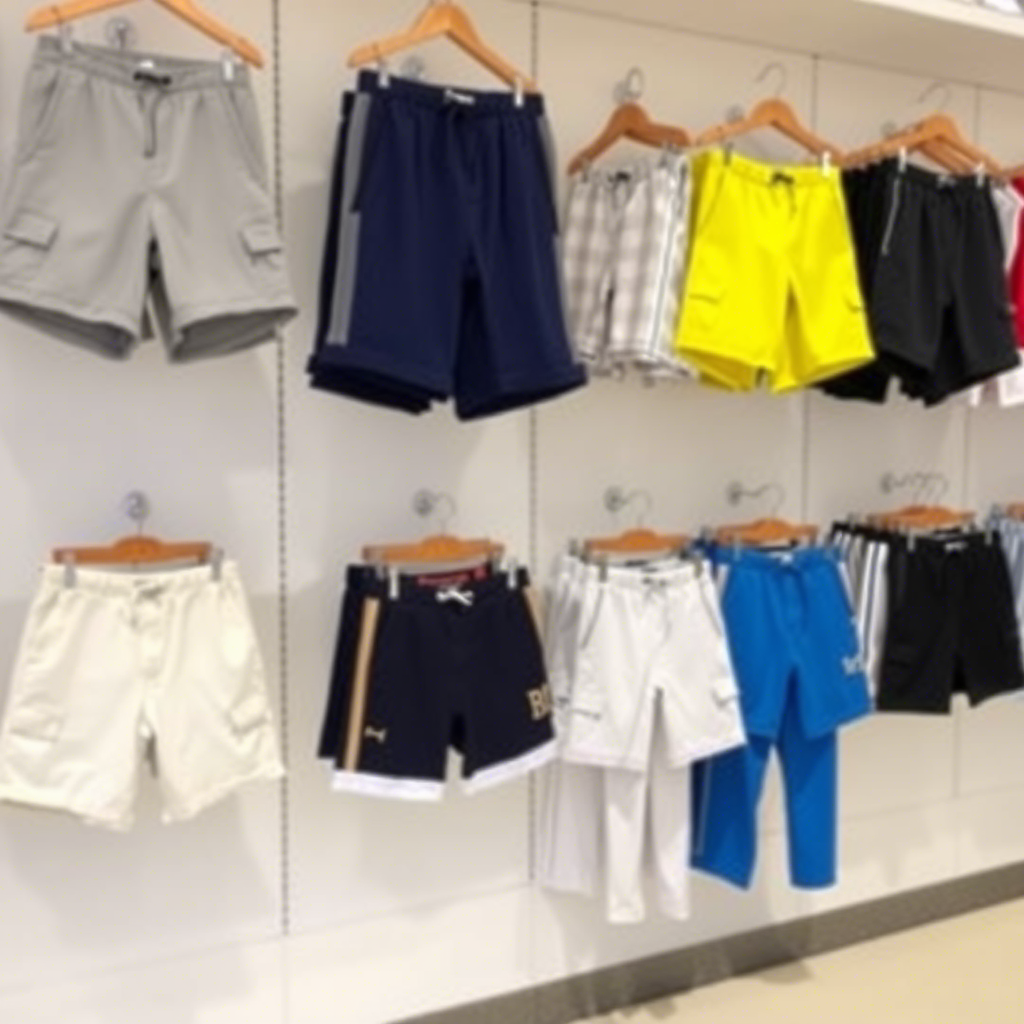 Boys fashion wholesale store displaying various shorts and pants