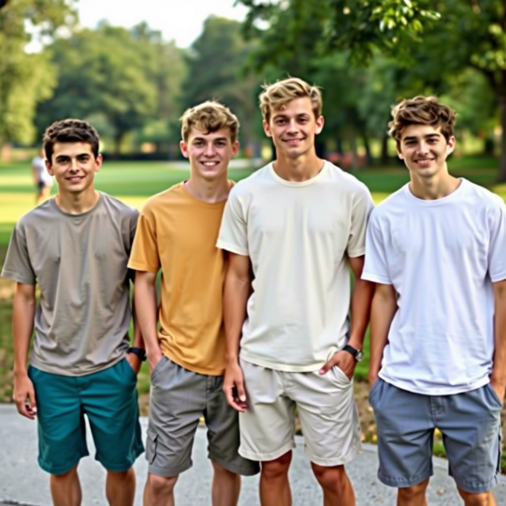 Boys hanging out in a park wearing comfortable shorts and plain t-shirts